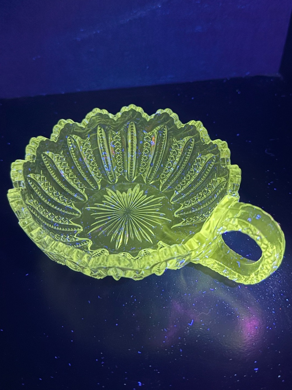 Vintage EAPG UV Reactive Duncan Miller Mardi Gras Candy Dish With Handle